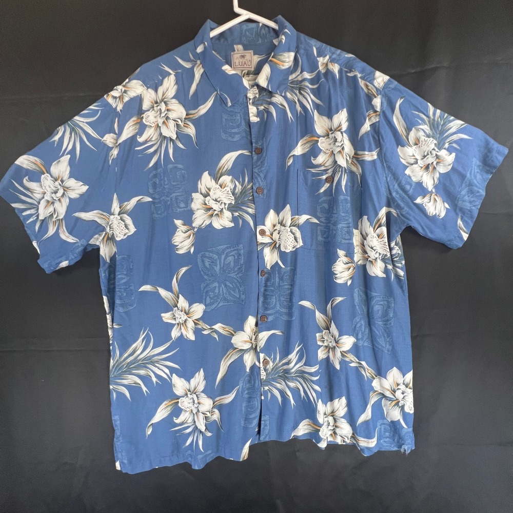 Luau Mens 2XL Hawaiian Shirt Blue Floral Orchid Spun Rayon Made in USA M031604
